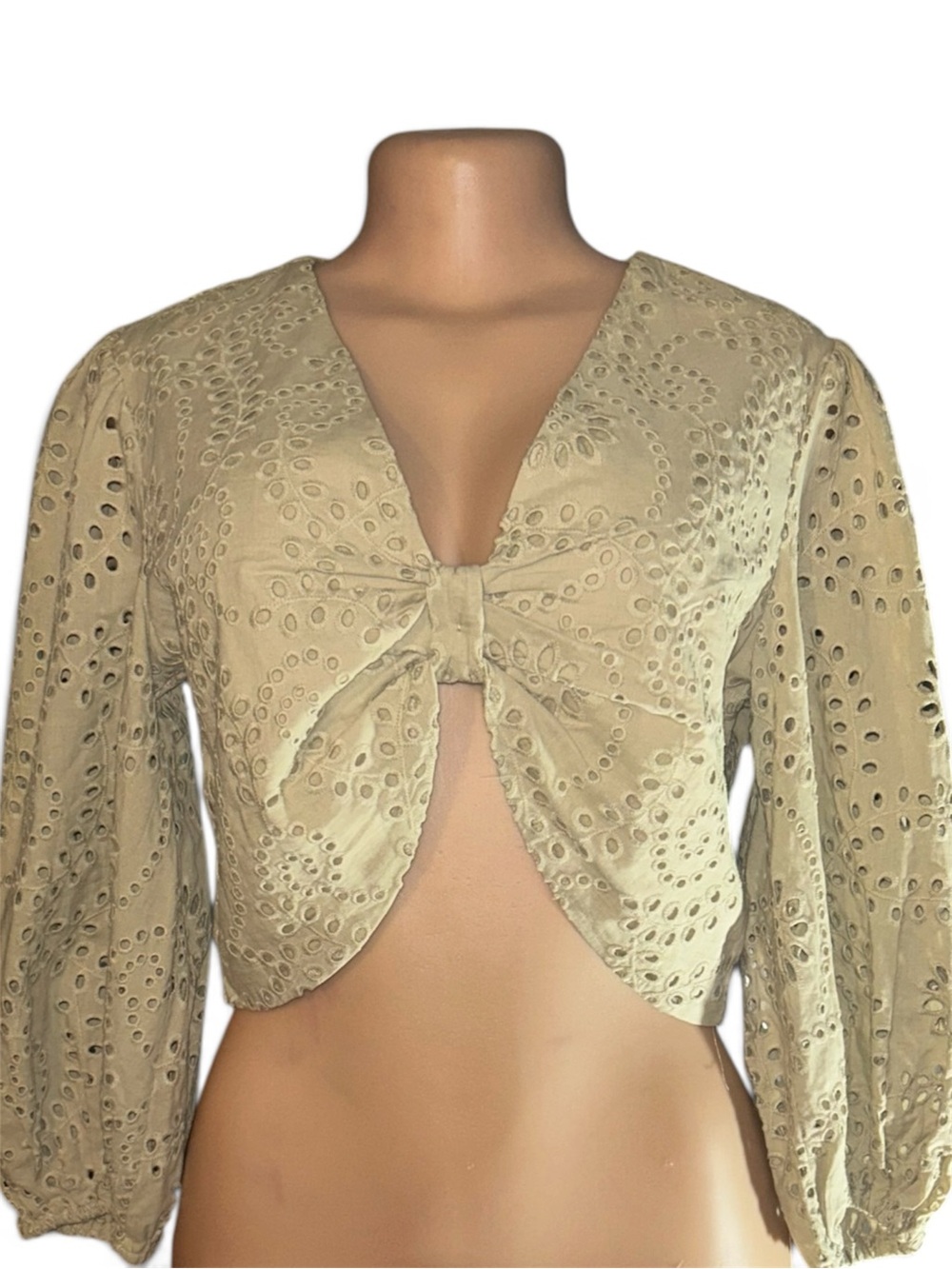 Express Eyelet Tie-Front Crop Top - Beige